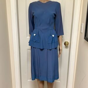 VTG Women's 40s Blue 2 Piece Top & Skirt Set 1940s Dress Suit Peplum Outfit